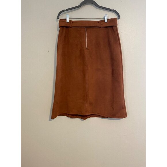 Shinestar Womens L Brown Faux Suede A-Line Skirt With Tie Waist Button Detail - Picture 2 of 12